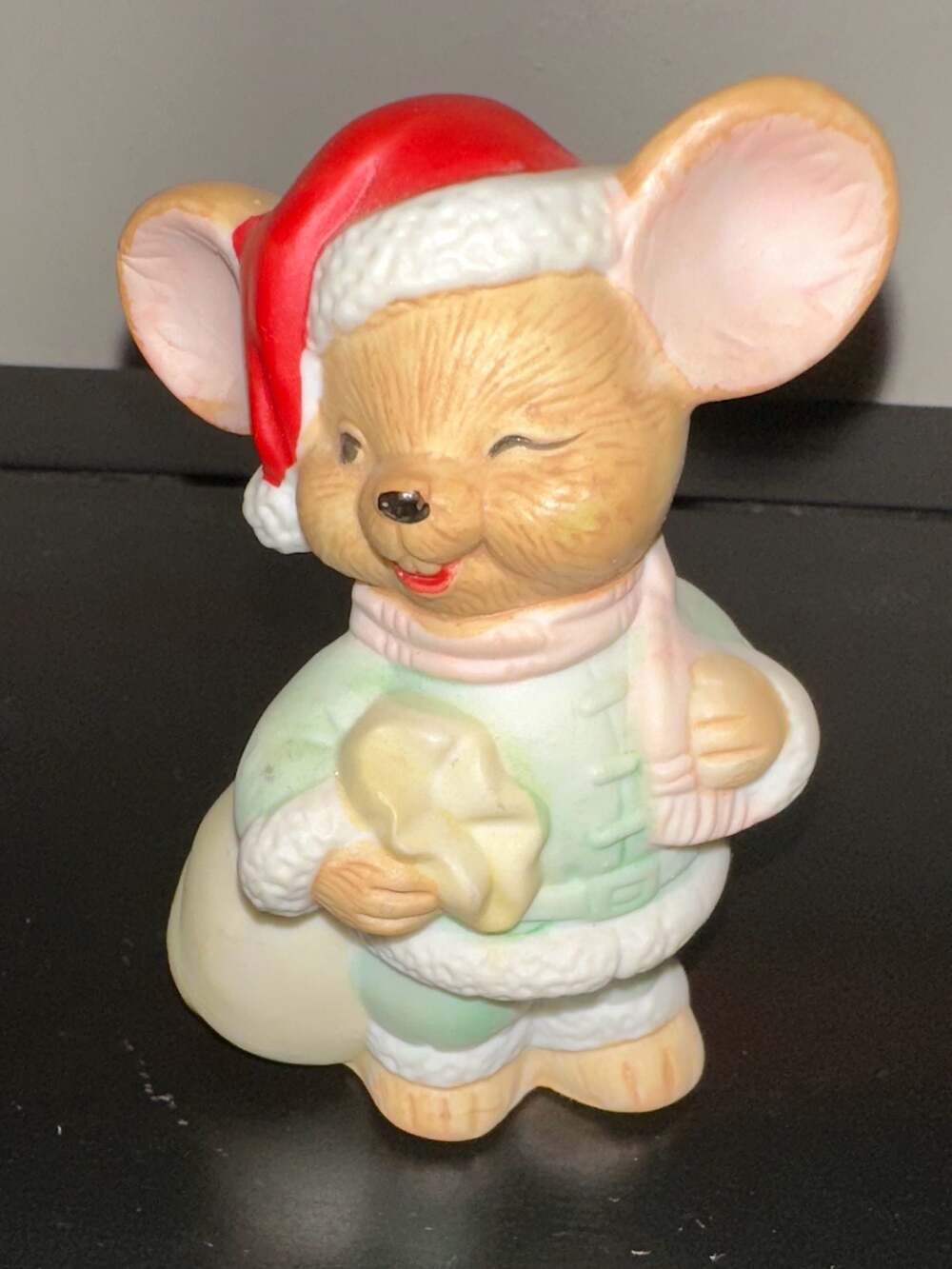 Vintage Homco Ceramic Christmas Mouse Figurine with Santa Hat and Gift Bag #5405